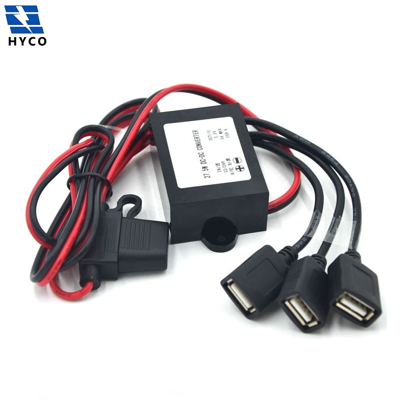 Three USB Port 12V 24V to 5.5V 5A DC DC Car Power Converter Step Down Buck Module 3 USB Connectors Adapter with Auto Fuse 